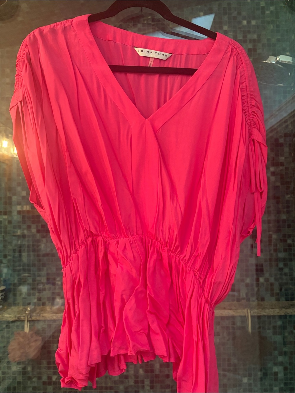 Trina Turk Hot Pink V-Neck Ruched Peplum Blouse